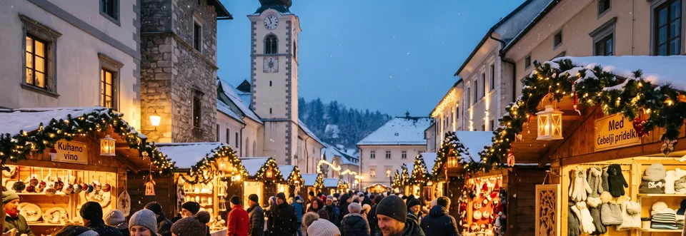 Osvetljene lesene hiške adventnega sejma na zasneženem trgu v modri večerni uri, v ozadju zvonik, na stojnicah napisa Kuhano vino in Med