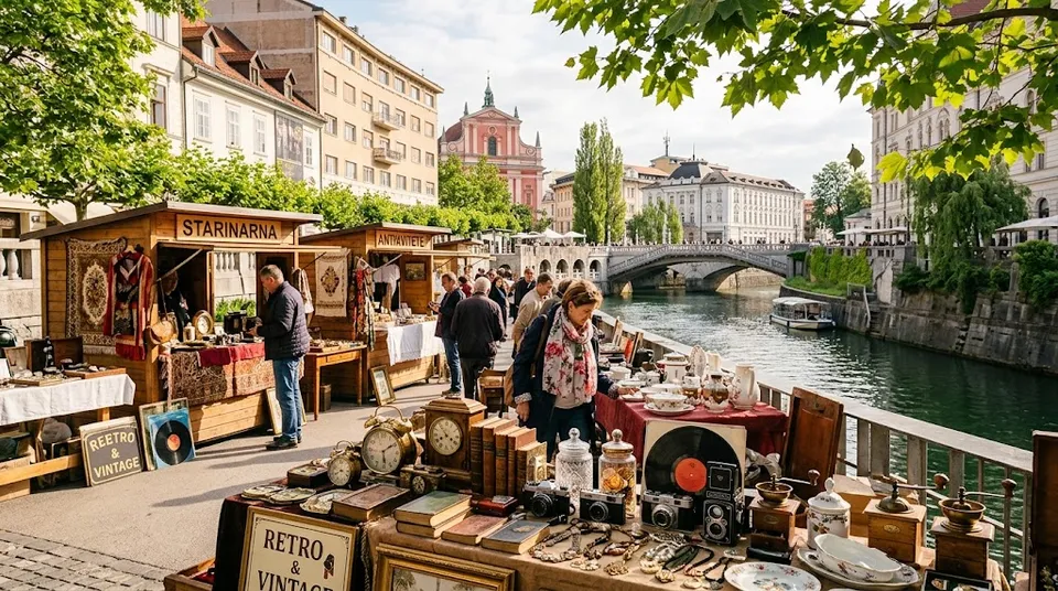 Bolšji sejem ob reki v mestnem središču: mize s starimi urami, fotoaparati, gramofonskimi ploščami in porcelanom, v ozadju most in cerkev