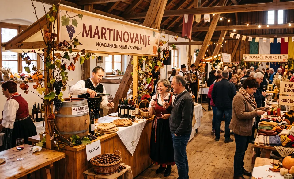 Martinovanje pod leseno streho: natakar toči mlado vino iz soda, na mizi pogača in kostanj, obiskovalci s kozarci, v ozadju stojnica z domačimi dobrotami in rokodelskimi izdelki